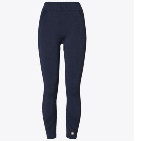 TORY SPORT BLACK HIGH-RISE SEAMLESS 7/8 STRETCH LEGGINGS w ANKLE LOGO  Sz: XS - Picture 1 of 15